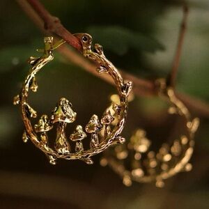 Gold Metal Mushroom Hoop Earrings
